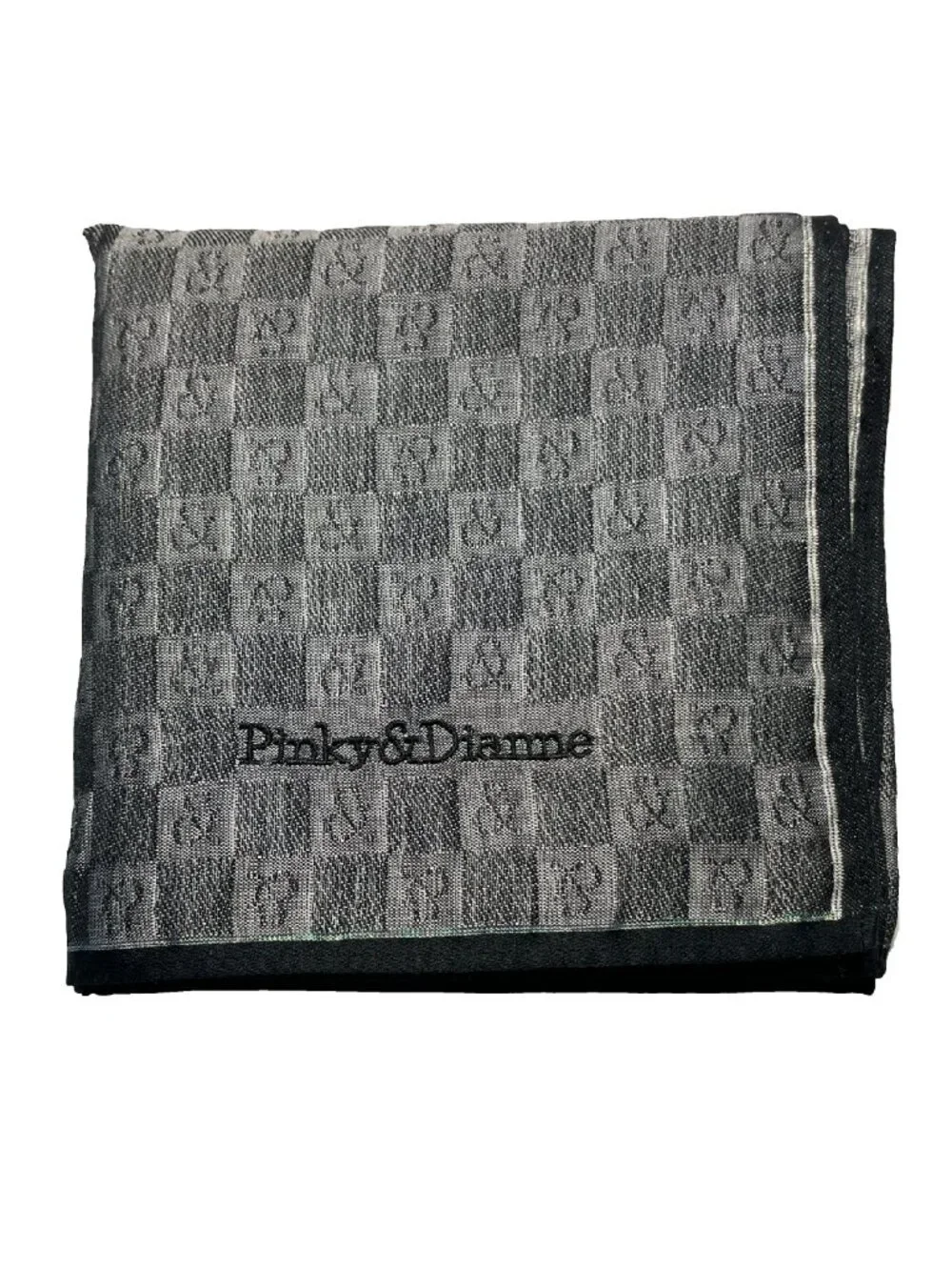 Vintage Pinky & Dianne Monogram Cotton Scarf Gray Checkerboard Embroidered